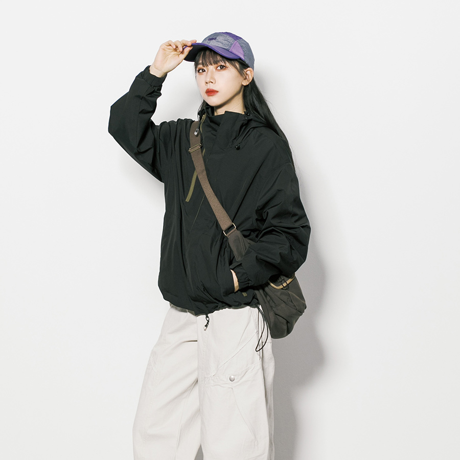 戶外工裝連帽拉鍊衝鋒衣外套女春秋美式復古休閒徒步登山服