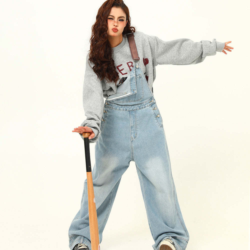 美式復古水洗淺藍色倒裝背帶褲女秋季寬鬆闊腿連體褲子