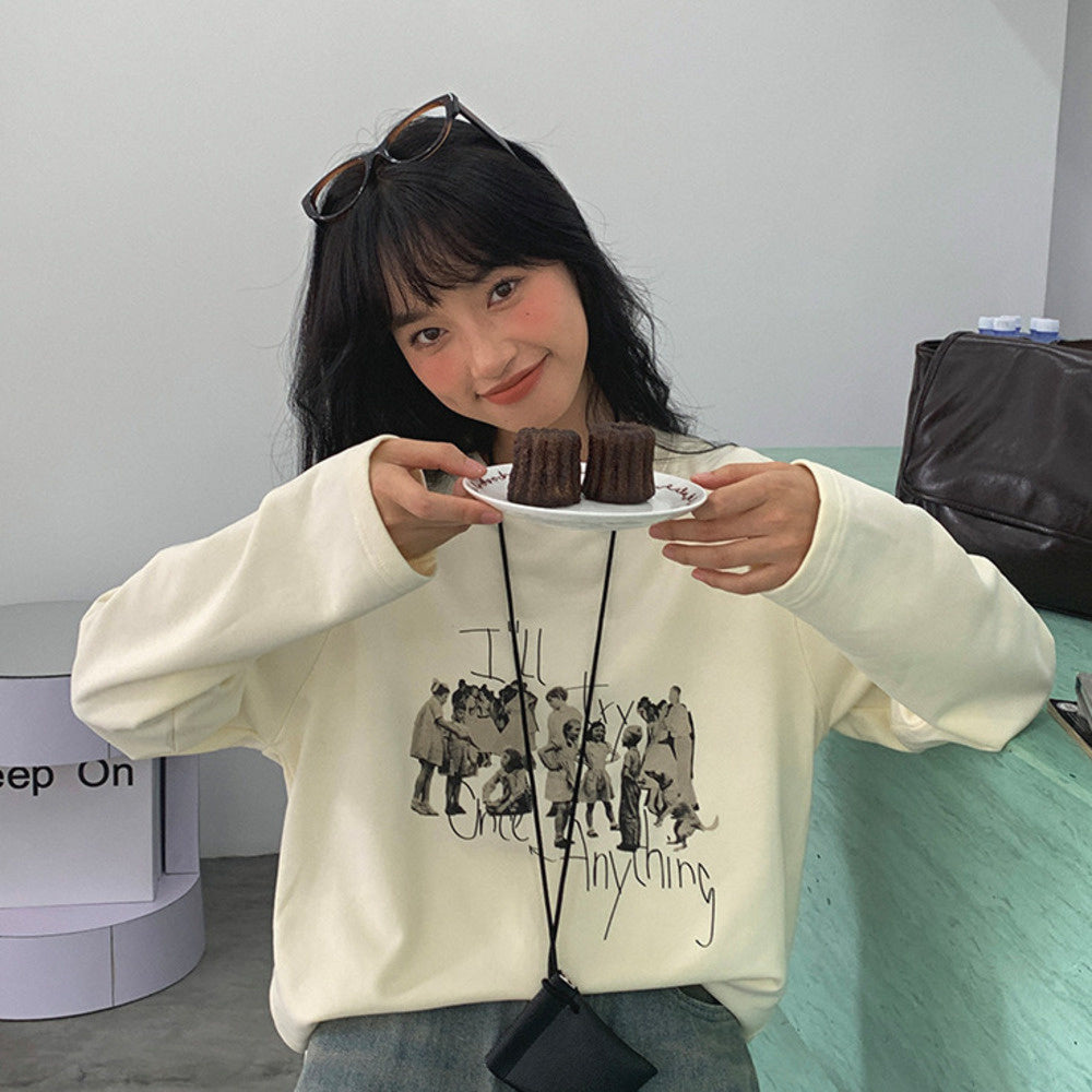 日系復古印花繡花寬鬆長袖t恤女秋新款寬鬆顯瘦純棉上衣