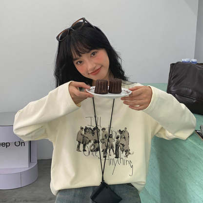日系復古印花繡花寬鬆長袖t恤女秋新款寬鬆顯瘦純棉上衣