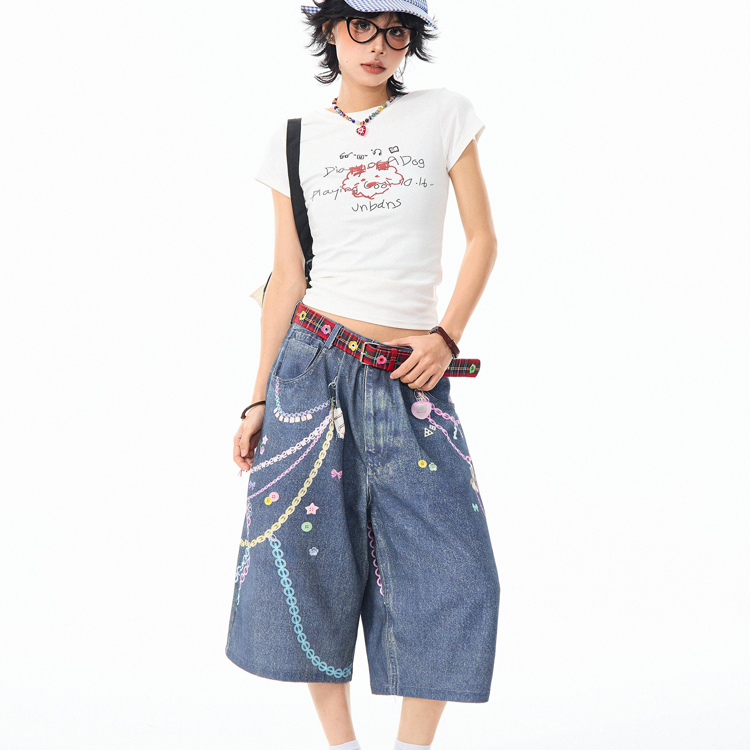 復古趣味印花3D彩色鏈條七分牛仔褲女美式休閒百搭短褲