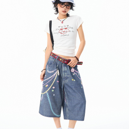 復古趣味印花3D彩色鏈條七分牛仔褲女美式休閒百搭短褲