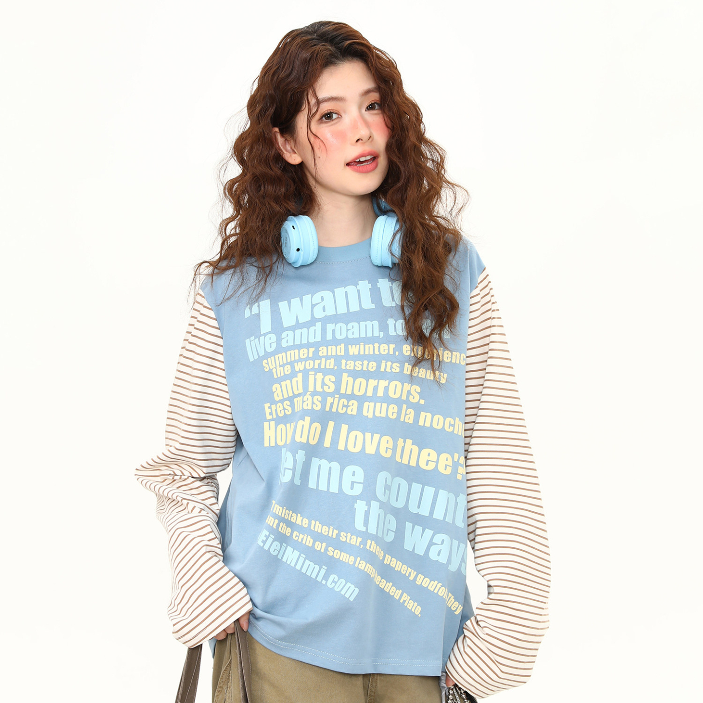 美式復古條紋拼接長袖T恤女春季新款寬鬆百搭上衣