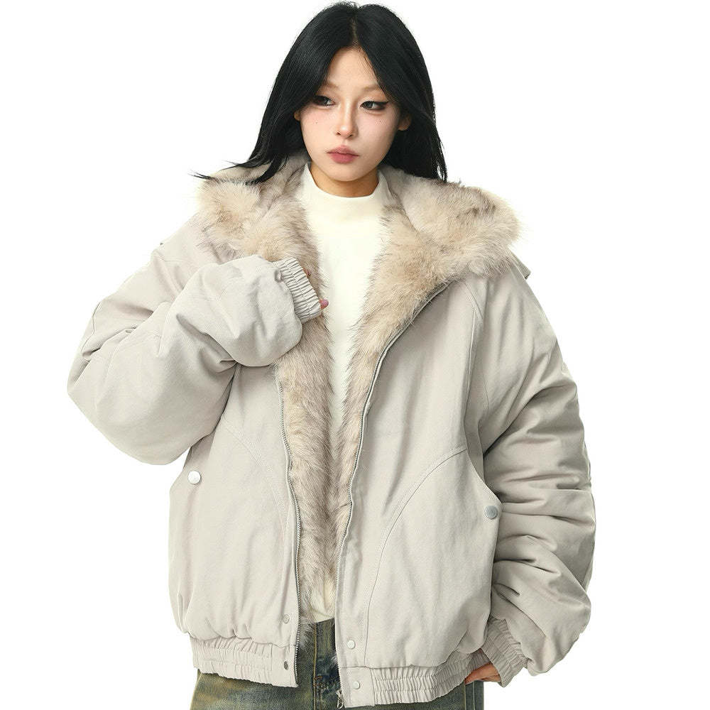 美式復古座山雕毛領外套女冬季加絨加厚保暖潮牌棉服