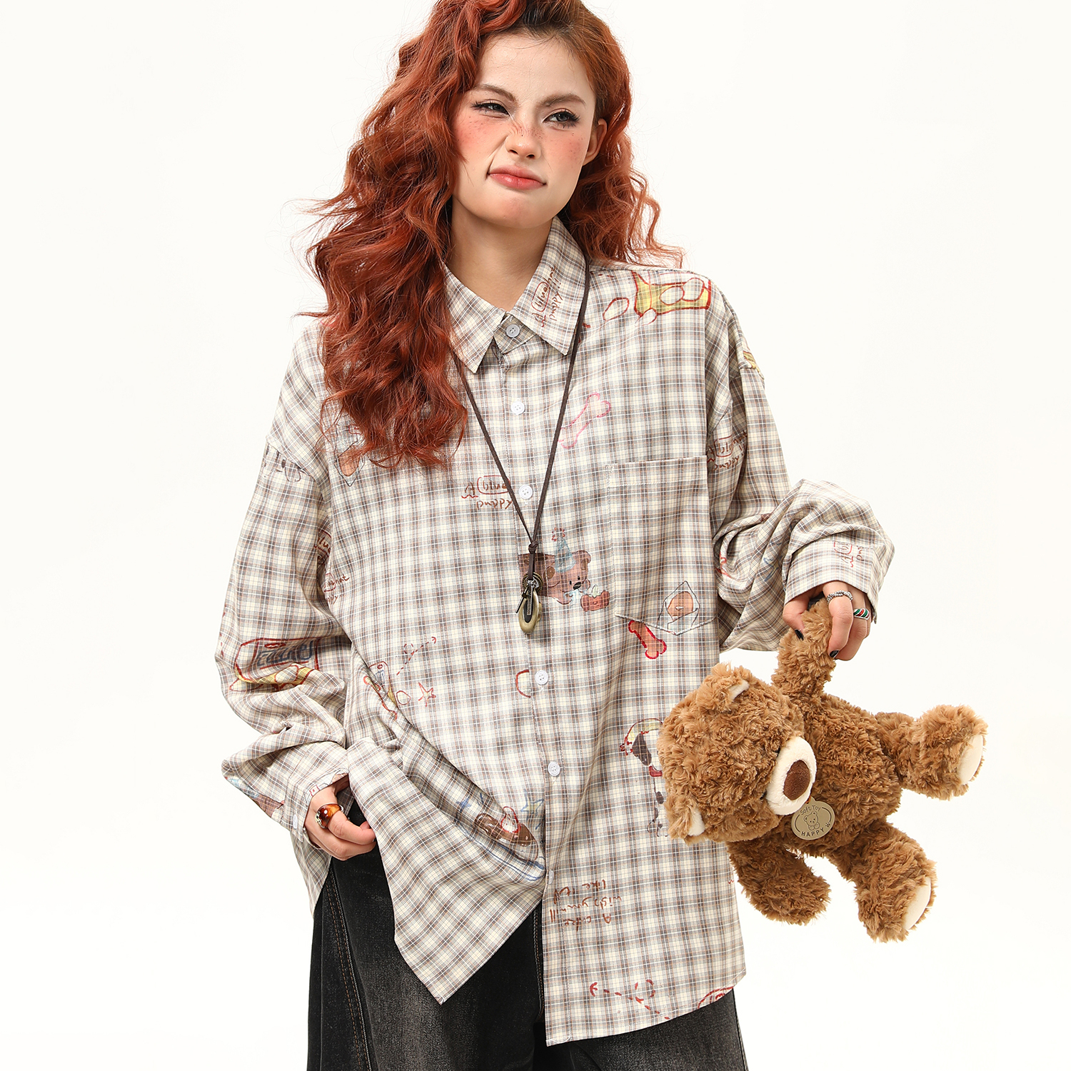 早秋原創美式復古卡通印花格子襯衫女寬鬆百搭長袖襯衣