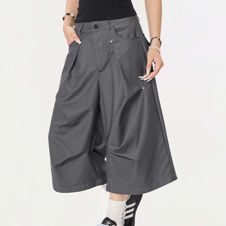 夏季潮牌設計感撞釘休閒短褲女cleanfi闊腿七分褲