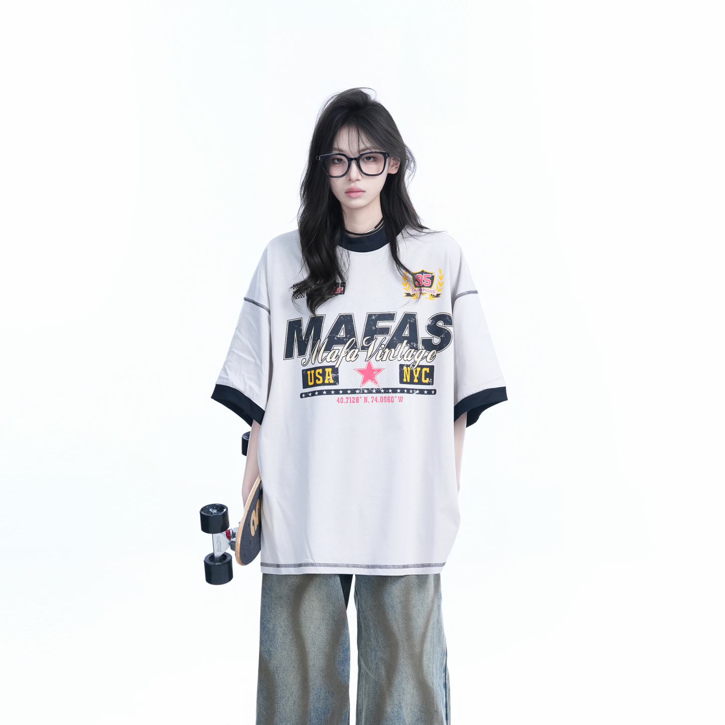 美式復古運動風潮牌短袖T恤女oversize寬鬆撞色半袖夏