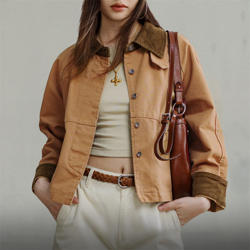 馬登女裝 美式工裝夾克美拉德燈芯絨拼接帆布外套寬鬆休閒翻領上衣秋女