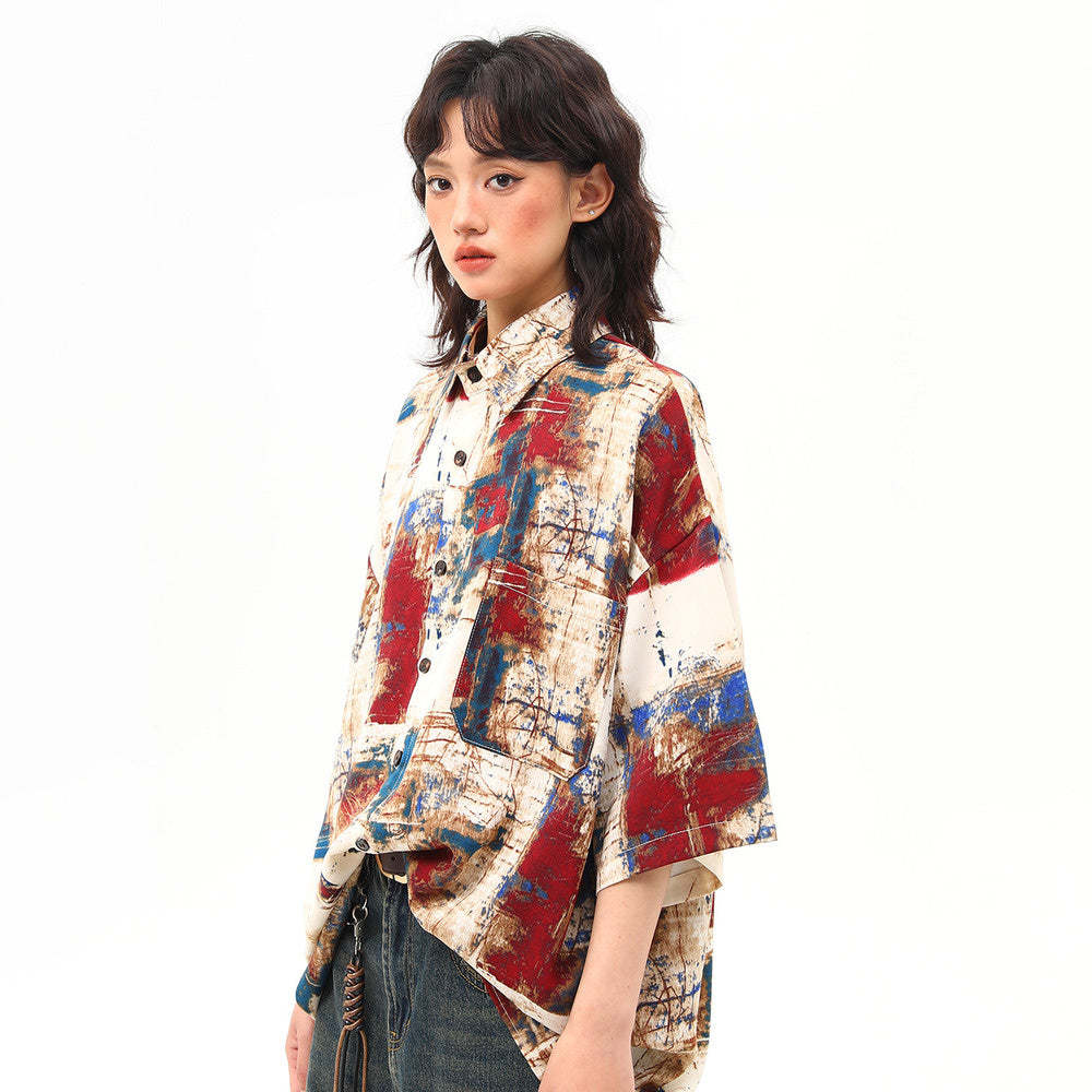 美式復古油畫潑墨設計感古著短袖襯衫女潮牌個性襯衣