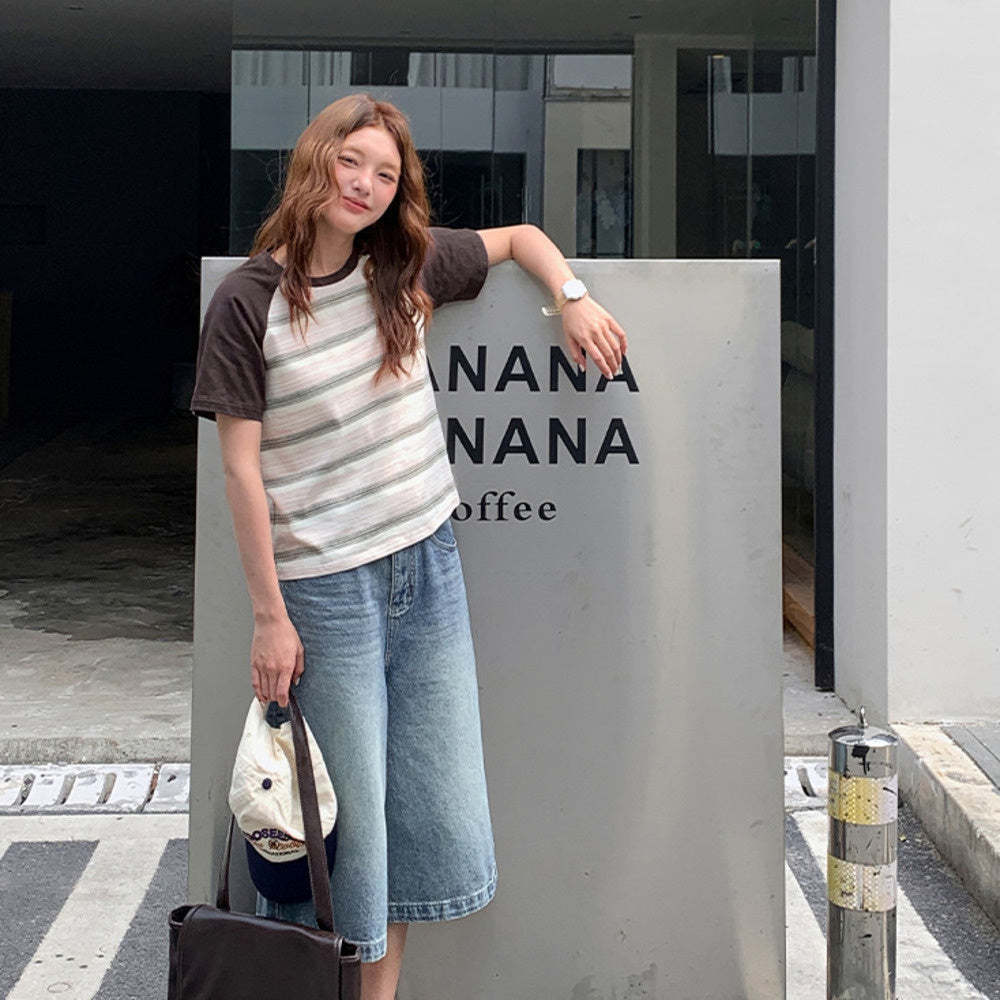 復古撞色條紋短袖t恤女2025新款夏正肩小個子顯瘦休閒