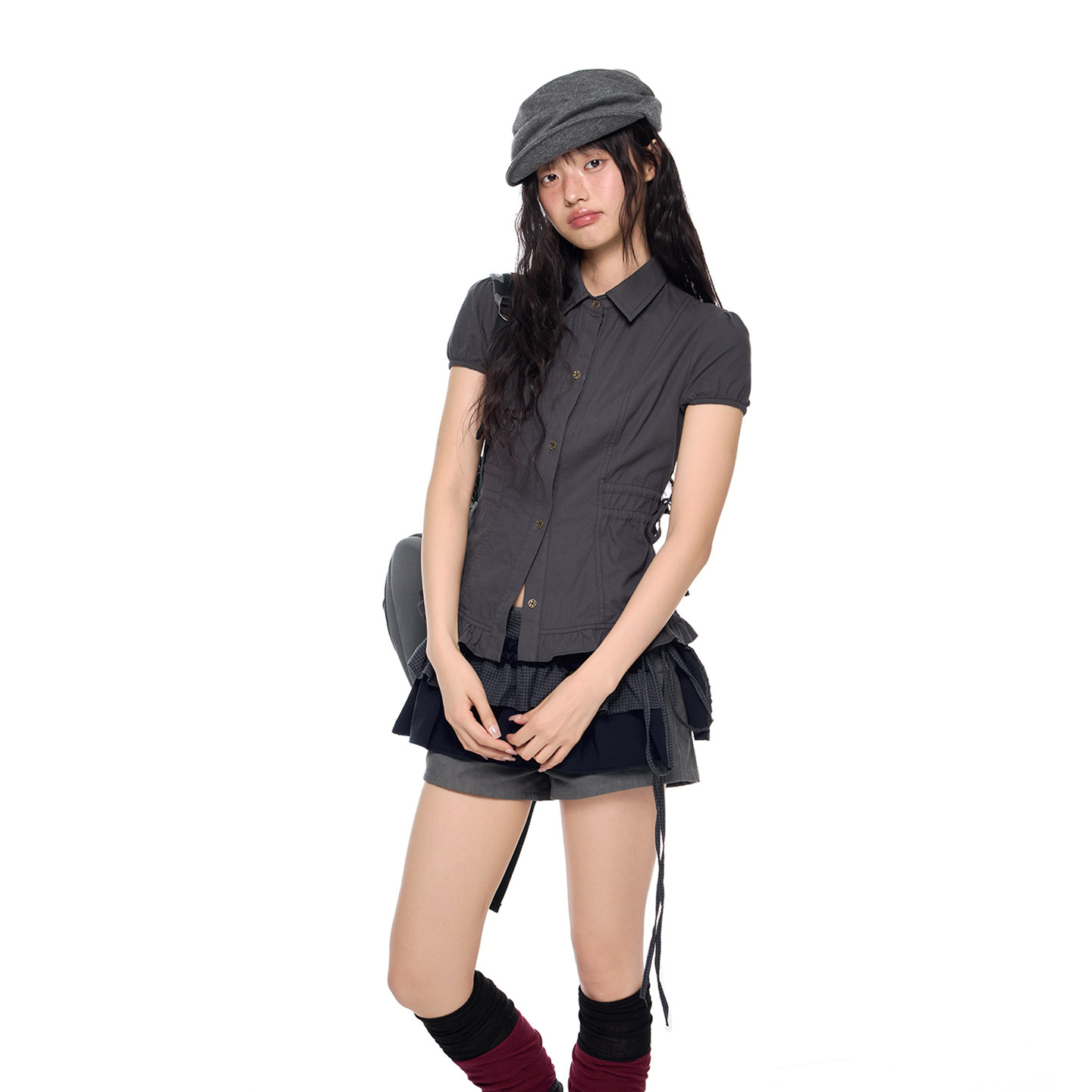 泡泡袖收腰顯瘦襯衫短袖女夏季新款復古休閒修身系帶氣質上衣