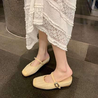 度假風草編方頭涼拖懶人半拖女夏季