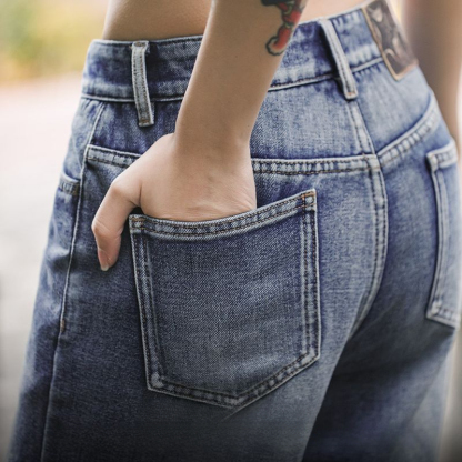 cleanfit重洗水破洞牛仔褲工裝折痕直筒褲遮胯拖地長褲春季女