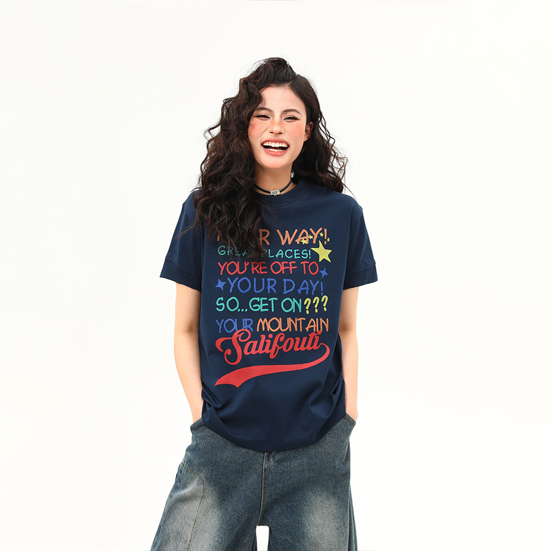 美式復古字母印花圓領正肩T恤女夏季新款休閒百搭短袖