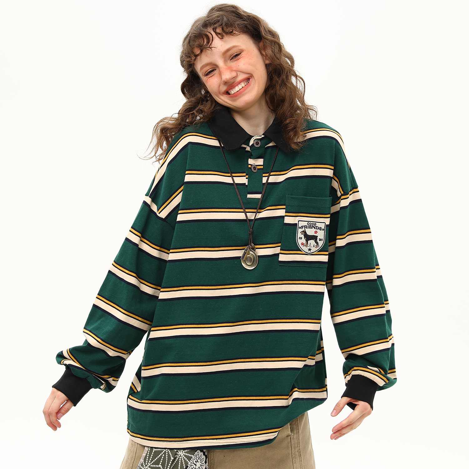 美式復古學院風條紋長袖T恤女秋季polo衫翻領寬鬆上衣