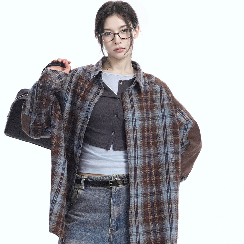 美式復古拼接格子襯衫女春季新款襯衣寬鬆百搭上衣