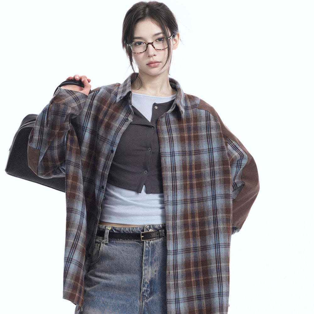 美式復古拼接格子襯衫女春季新款襯衣寬鬆百搭上衣
