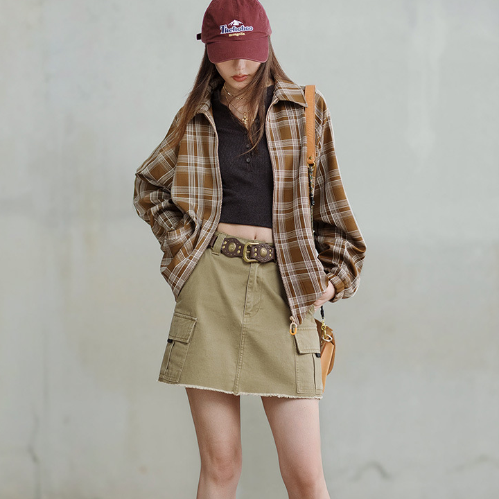 馬登女裝 美式復古格紋夾克設計感撞色翻領外套休閒寬鬆百搭上衣春秋女