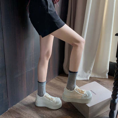時髦圓頭厚底系帶休閒風毛邊帆布鞋餅乾板鞋女