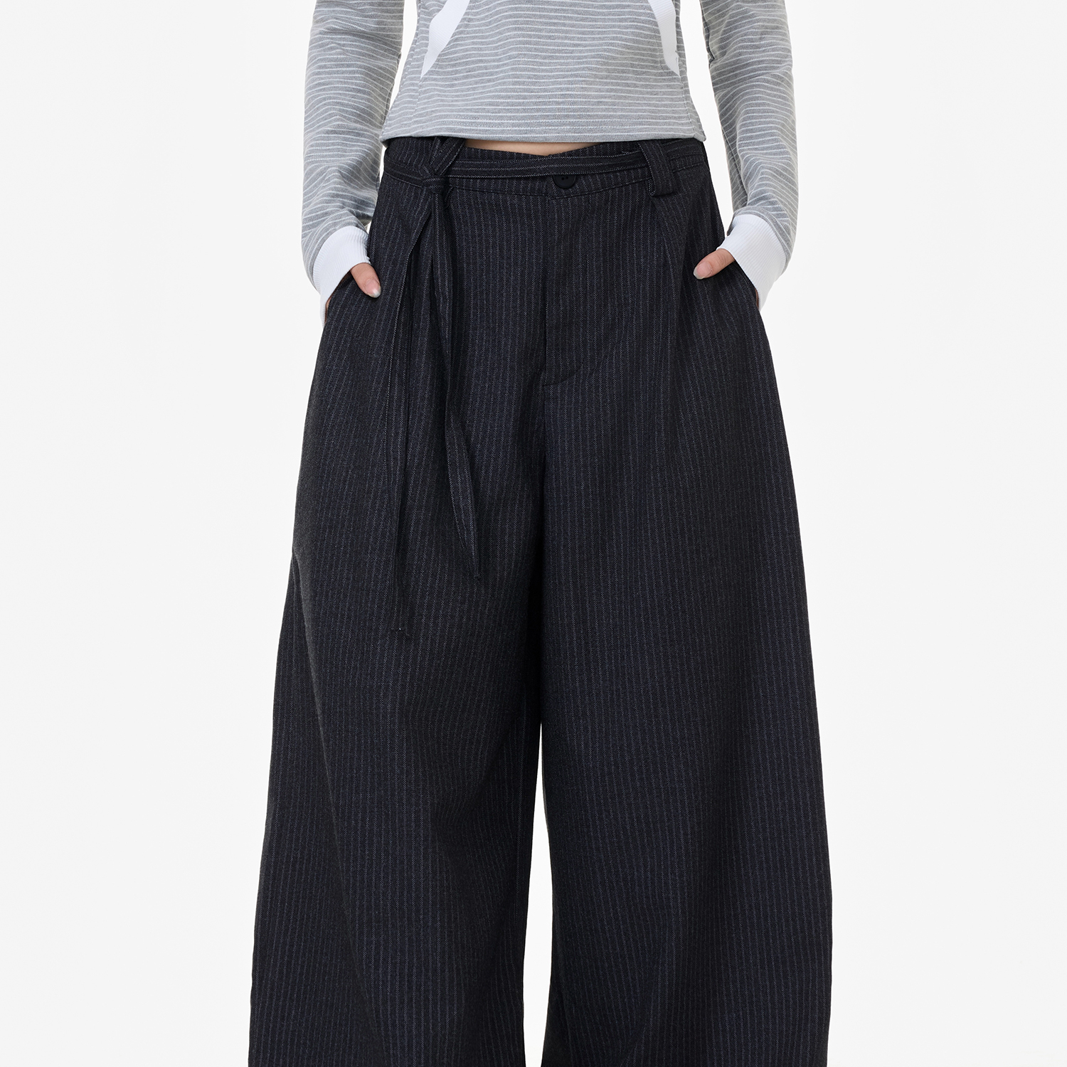 美式復古條紋西裝休閒褲女高級感垂墜感鬆弛慵懶闊腿褲子