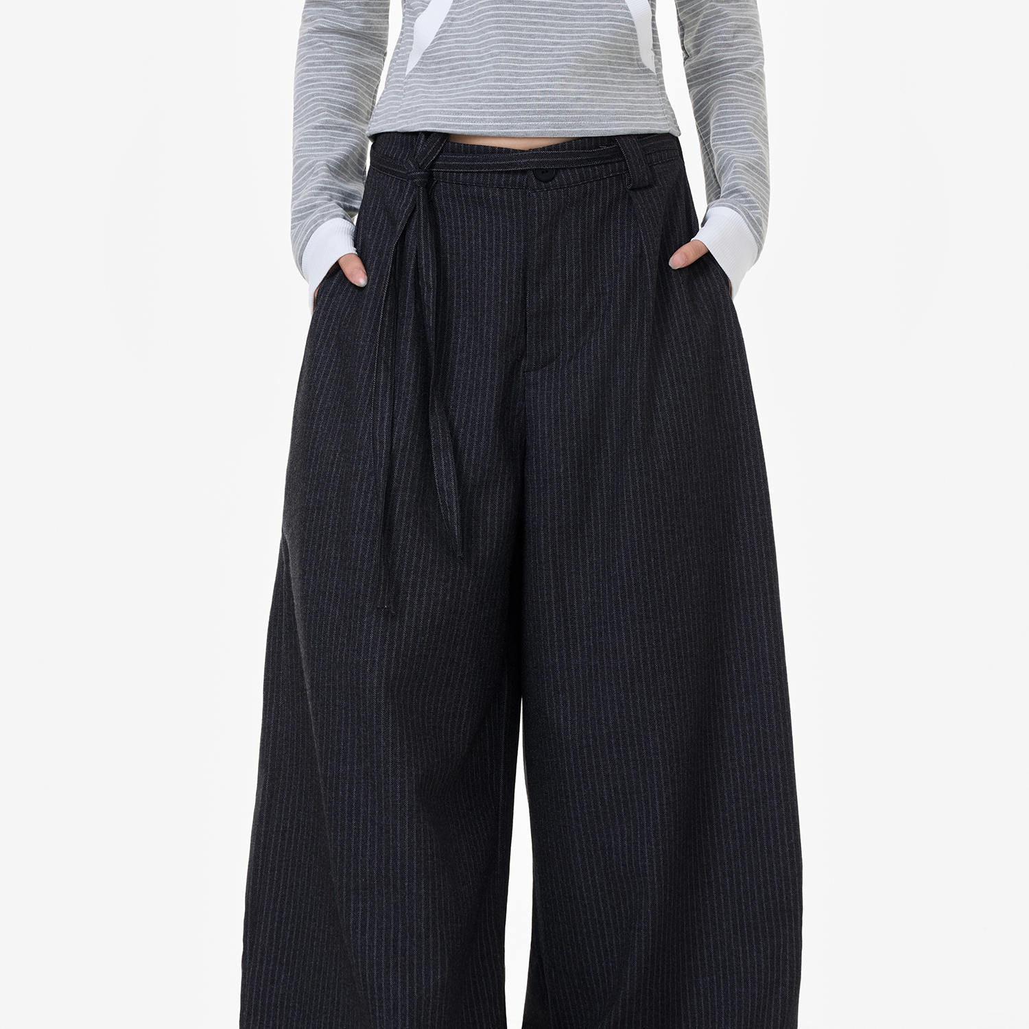 美式復古條紋西裝休閒褲女高級感垂墜感鬆弛慵懶闊腿褲子