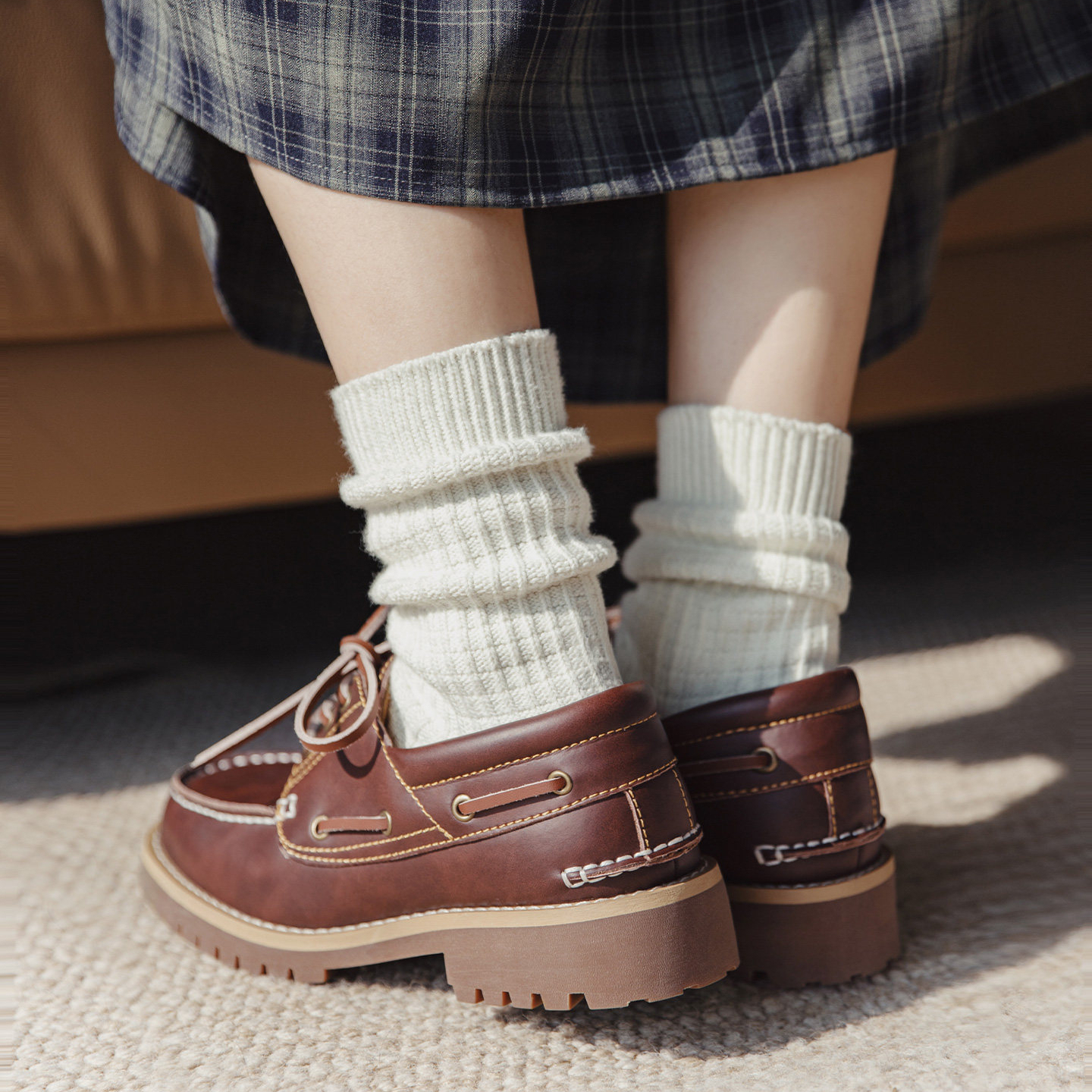 復古紅棕色老錢風系帶圓頭平底樂福鞋帆船鞋真牛皮單鞋女秋冬