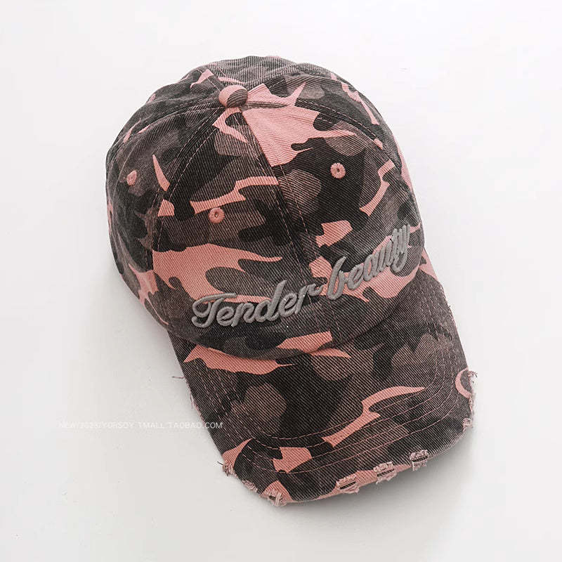 美式戶外工裝甜酷辣穿搭粉色迷彩鴨舌帽子女復古潮牌顯臉小棒球帽