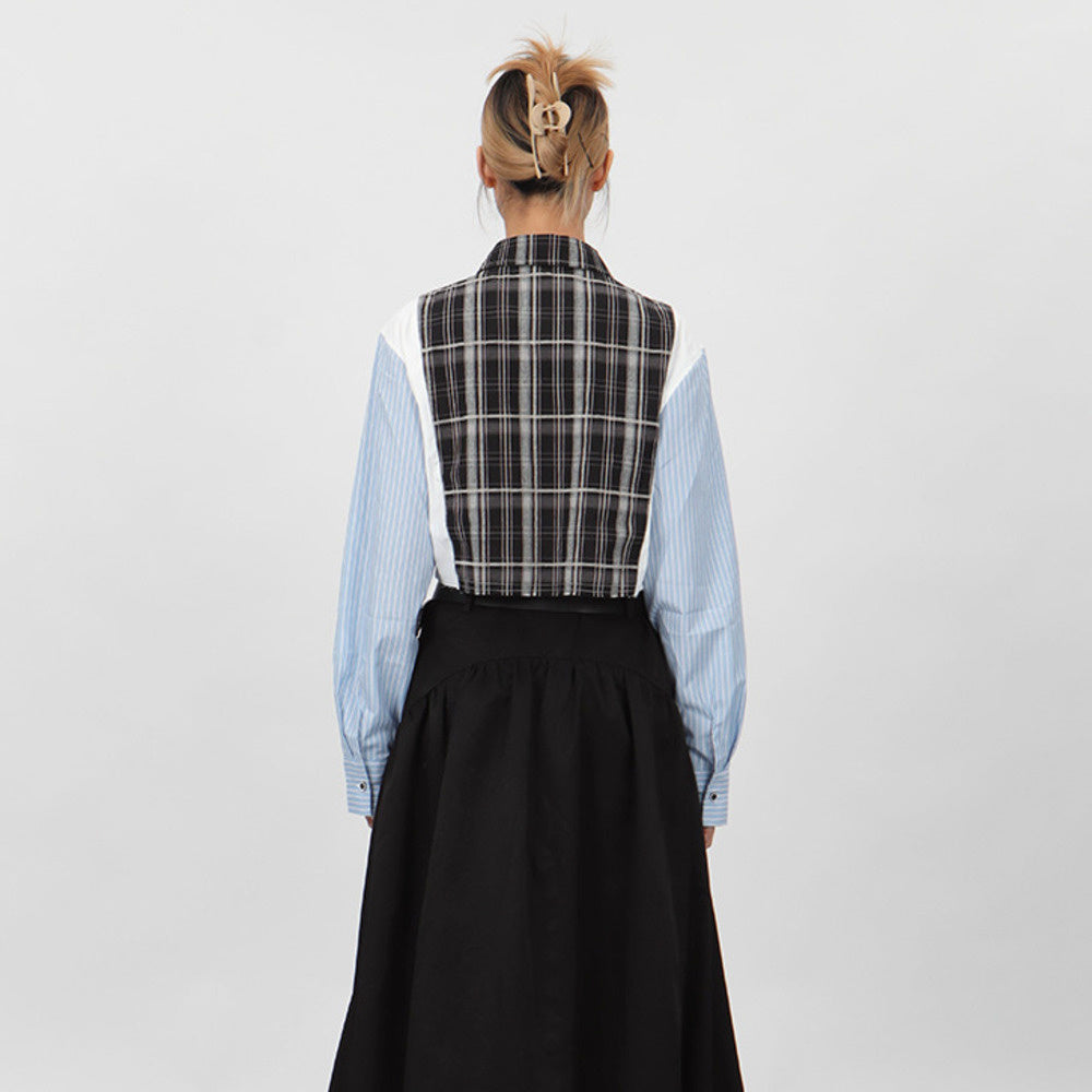 超短款拼接條紋襯衫女小眾設計款春秋長袖外套別致上衣