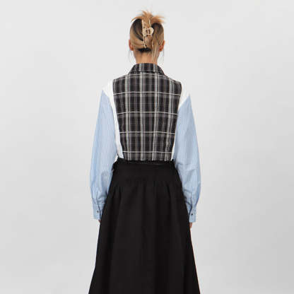 超短款拼接條紋襯衫女小眾設計款春秋長袖外套別致上衣