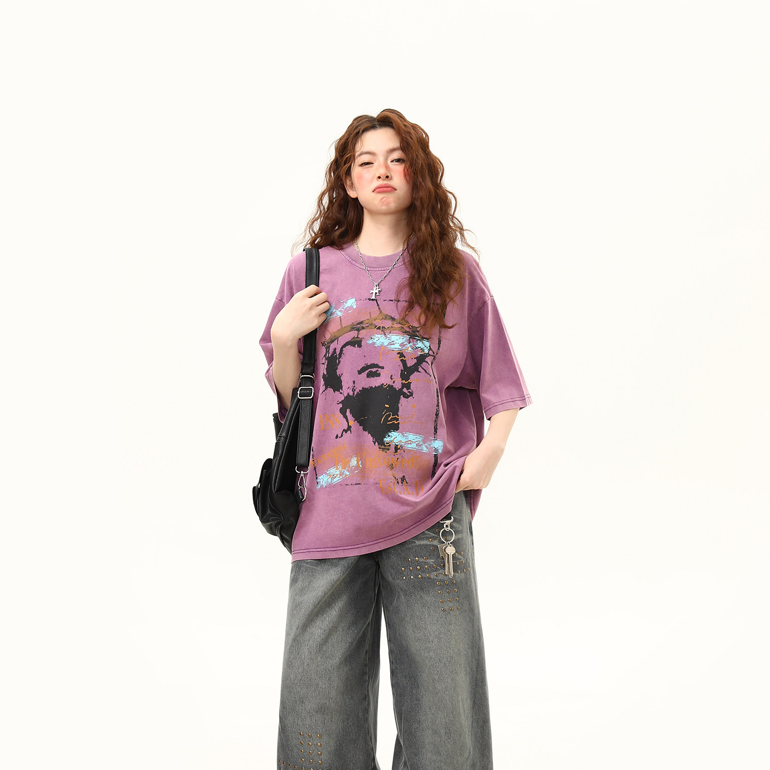 2026夏季新款美式復古水洗做舊印花短袖T恤女百搭tee