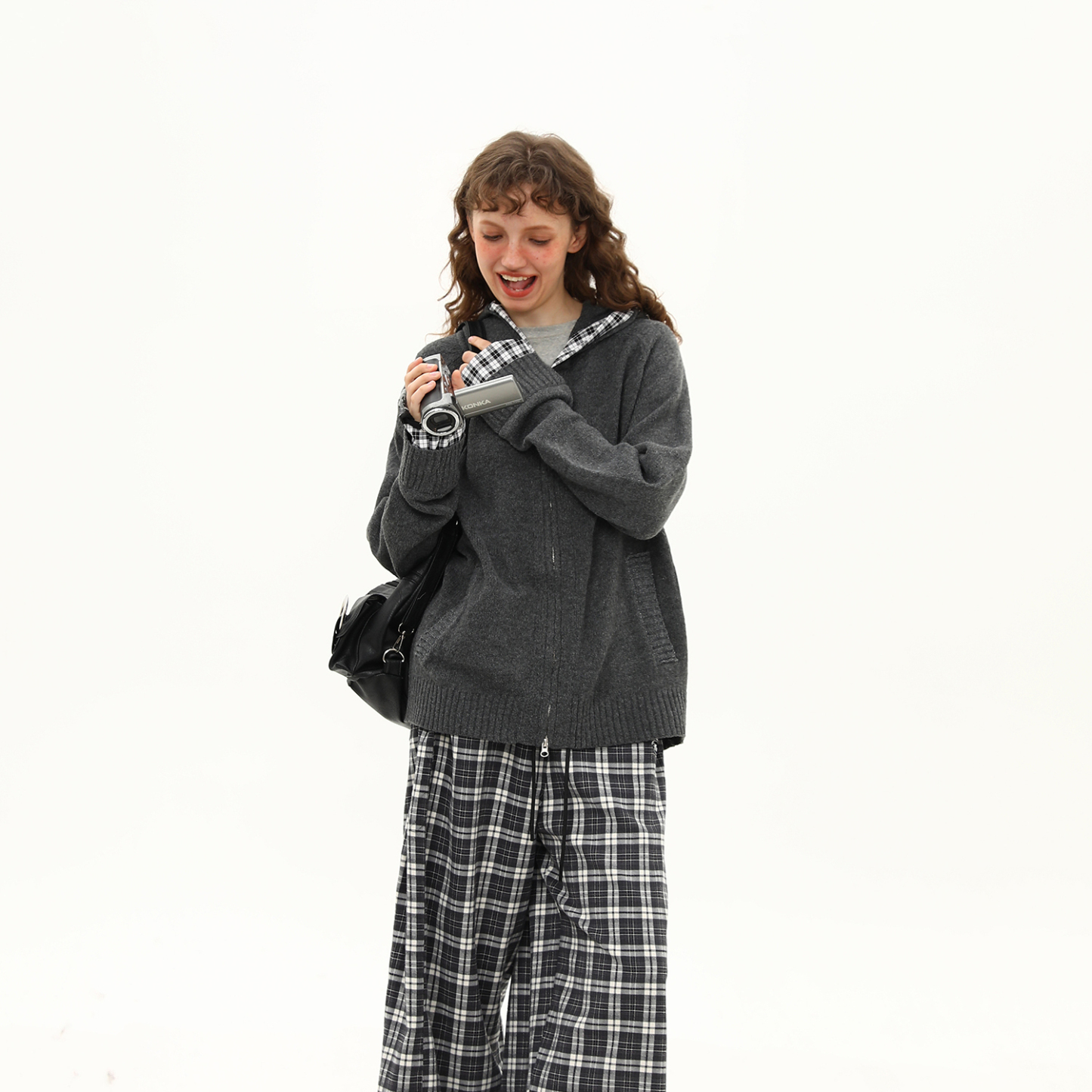 復古慵懶風格紋拼接針織衫毛衣女早秋雙拉鍊開衫外套