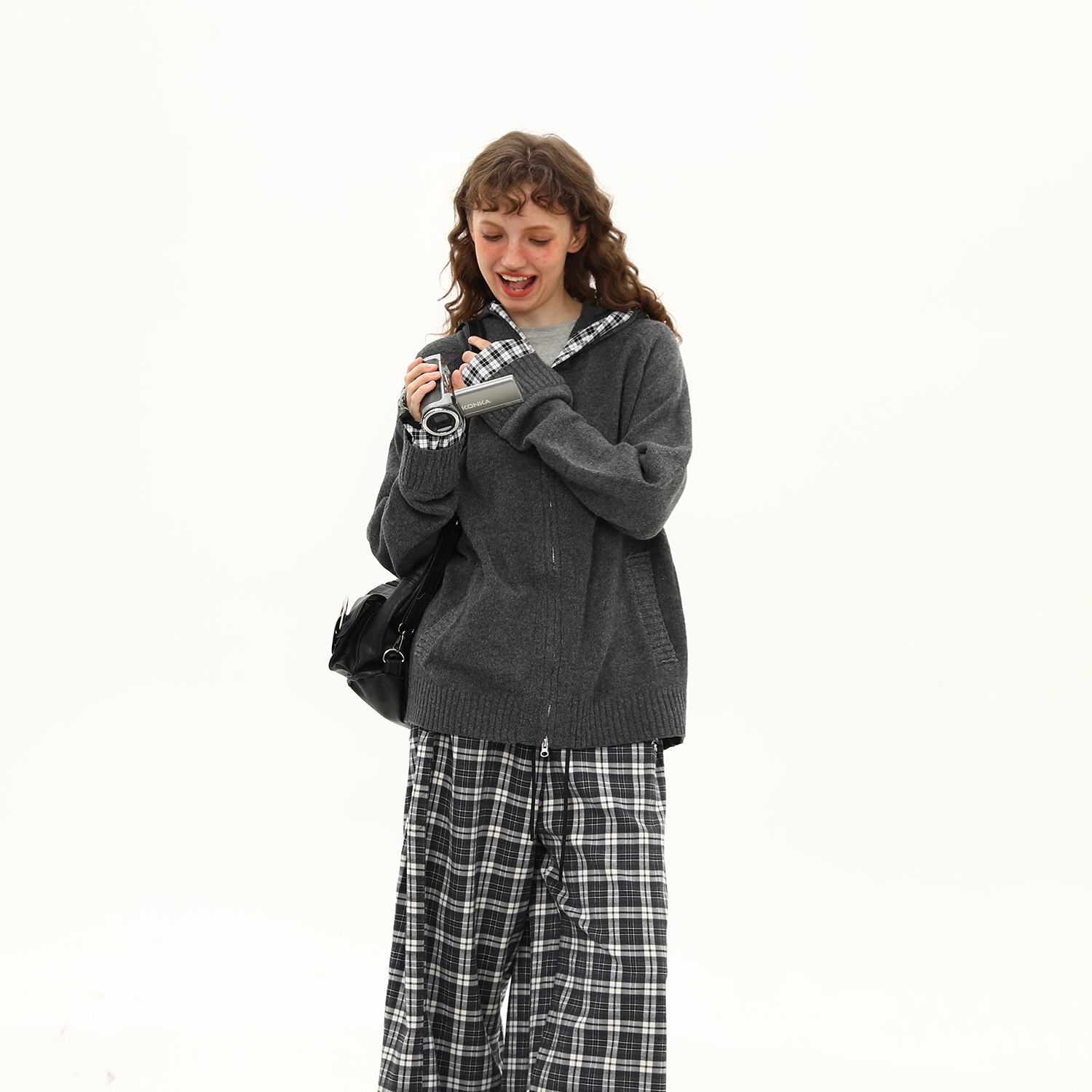 復古慵懶風格紋拼接針織衫毛衣女早秋雙拉鍊開衫外套