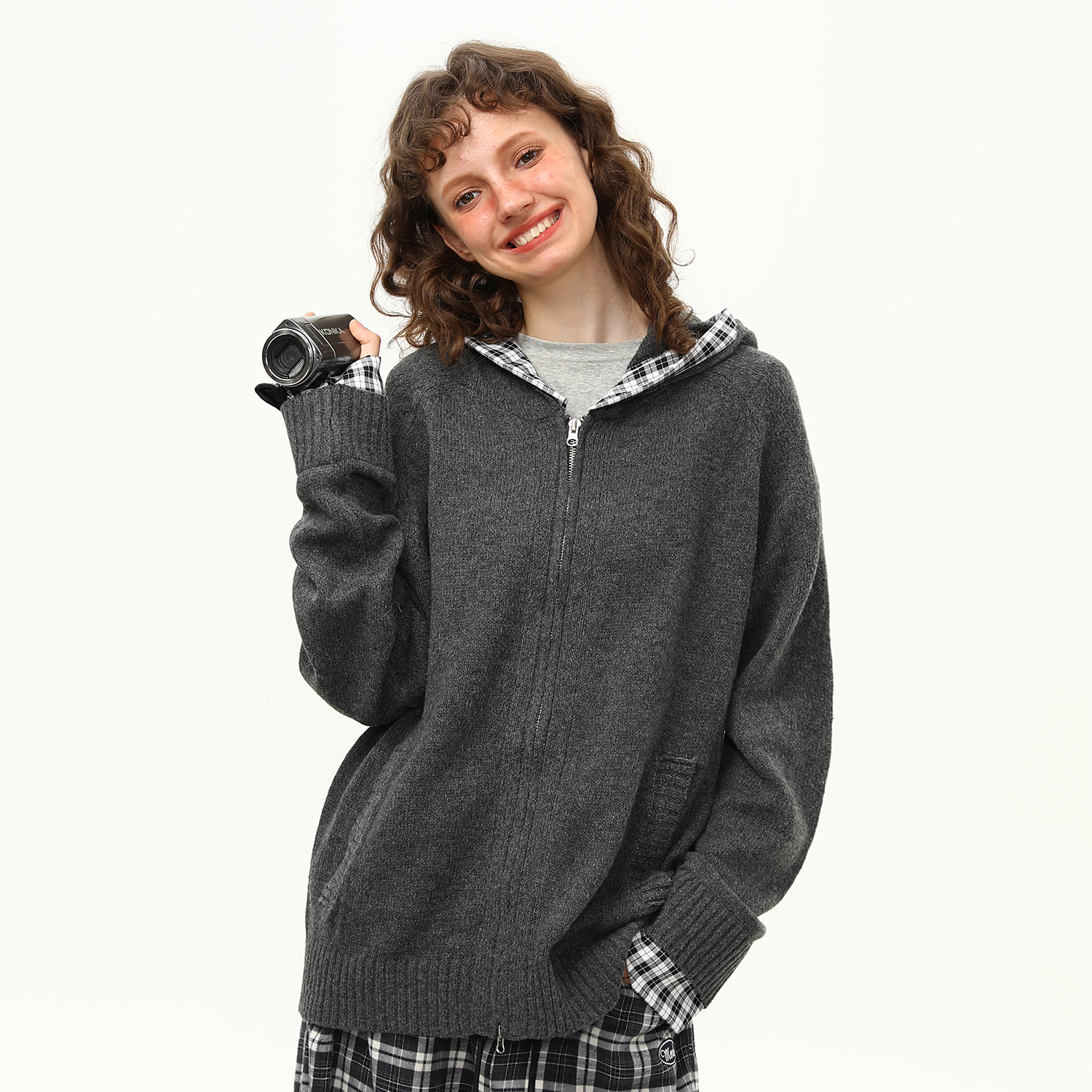 復古慵懶風格紋拼接針織衫毛衣女早秋雙拉鍊開衫外套