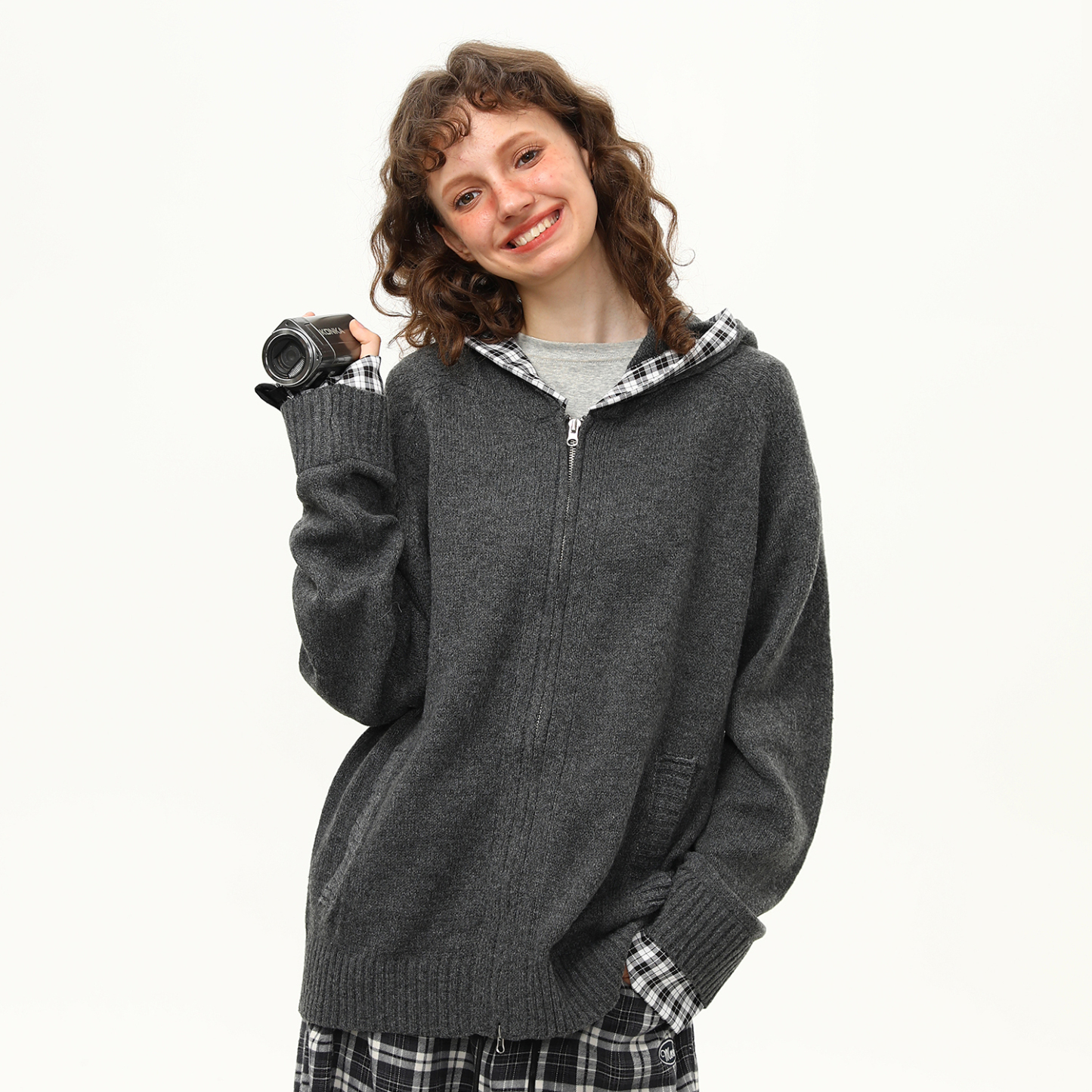 復古慵懶風格紋拼接針織衫毛衣女早秋雙拉鍊開衫外套