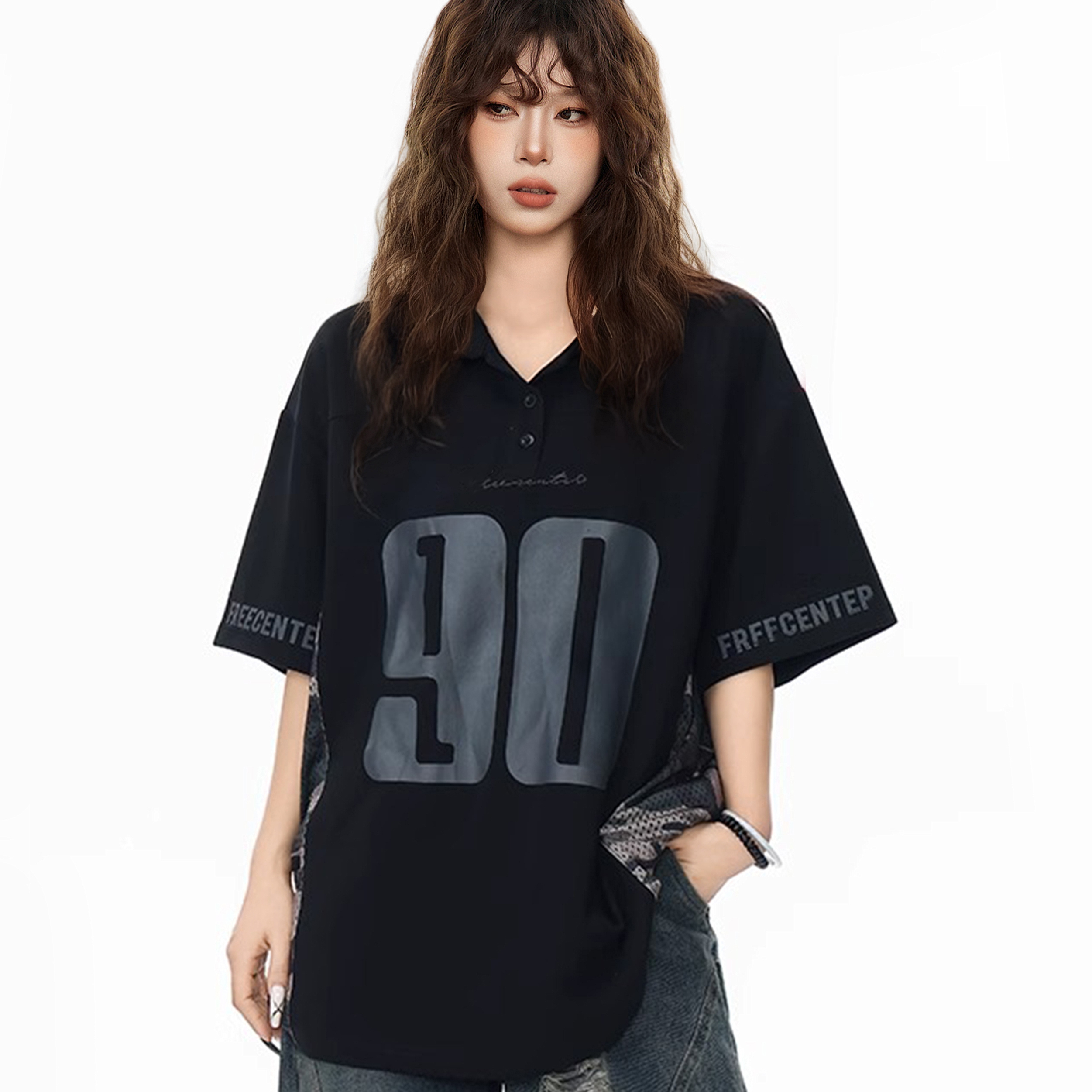 美式復古黑色半袖polo領短袖t恤女夏寬鬆oversize大版球衣風上衣