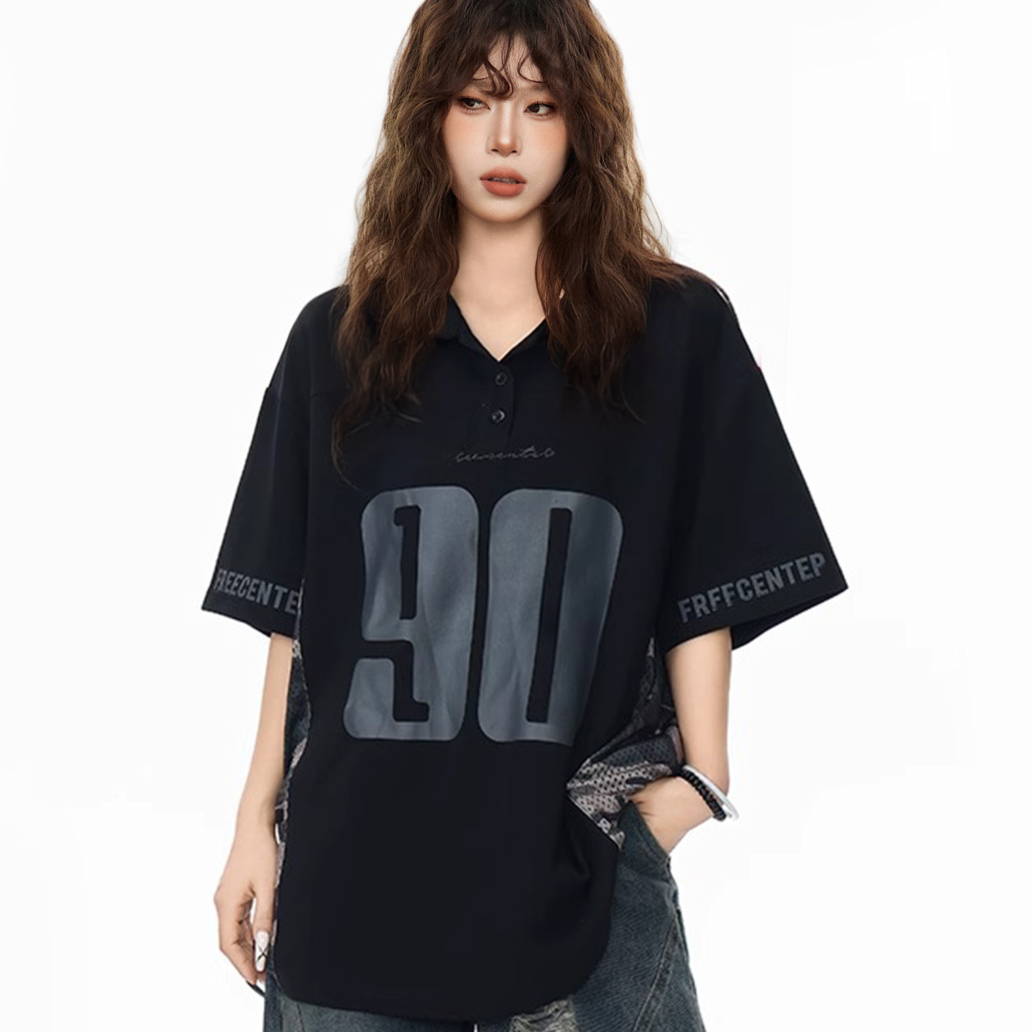 美式復古黑色半袖polo領短袖t恤女夏寬鬆oversize大版球衣風上衣