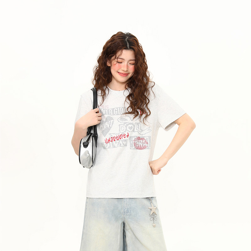 字母印花正肩T恤女夏季新款圓領微寬鬆短款直筒短袖