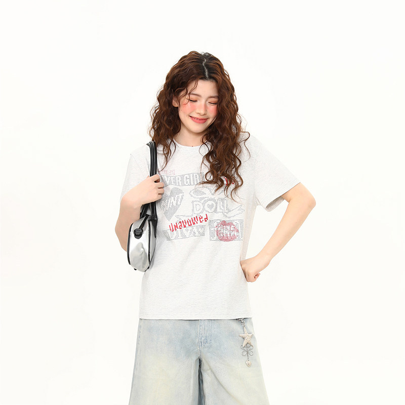 字母印花正肩T恤女夏季新款圓領微寬鬆短款直筒短袖