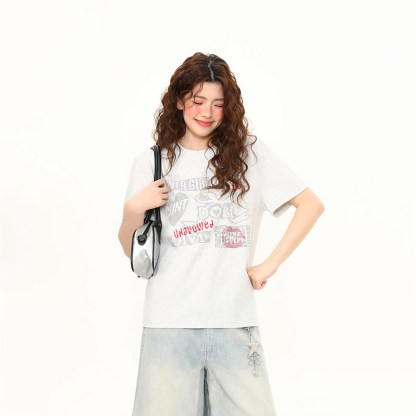 字母印花正肩T恤女夏季新款圓領微寬鬆短款直筒短袖