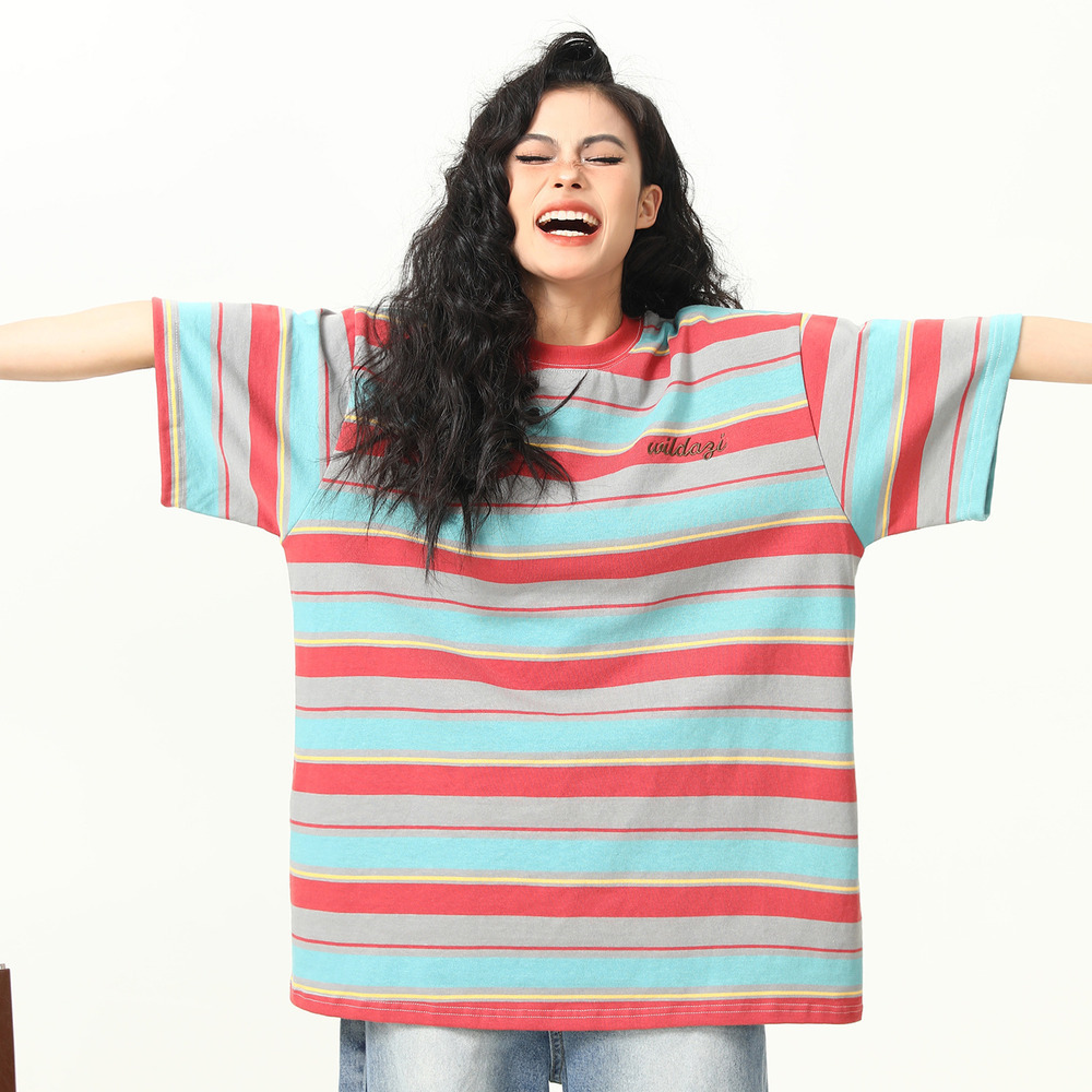 美式復古280克條紋短袖T恤女彩色氛圍感夏季寬鬆半袖