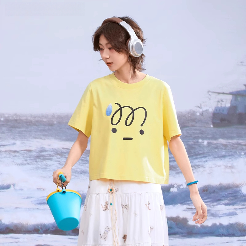 日系夏季220G索羅娜凉感面料流汗表情包短款T恤
