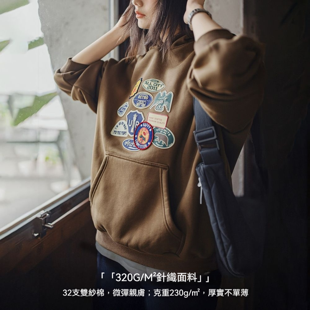 咖色美式重磅寬鬆搖粒絨加絨加厚徽章套頭連帽衫衛衣女士秋冬