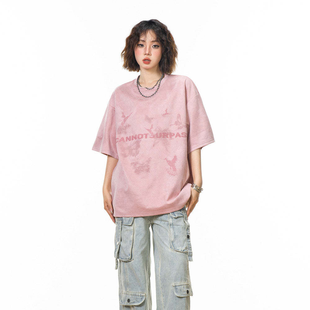 美式復古麂皮絨蝴蝶短袖t恤女夏季2025新款設計感寬鬆半袖上衣