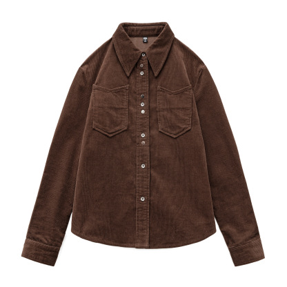 美拉德咖色純棉燈芯絨上衣雙排扣肌理感長袖襯衫外套秋季女士