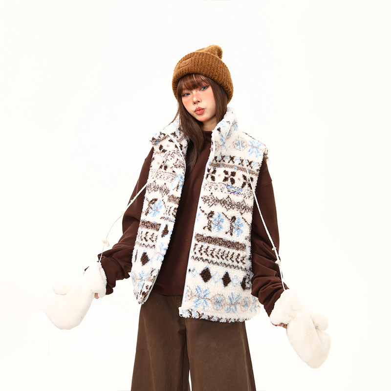 美式復古費爾島羊羔毛馬甲棉服外套女冬季新款氛圍感棉衣