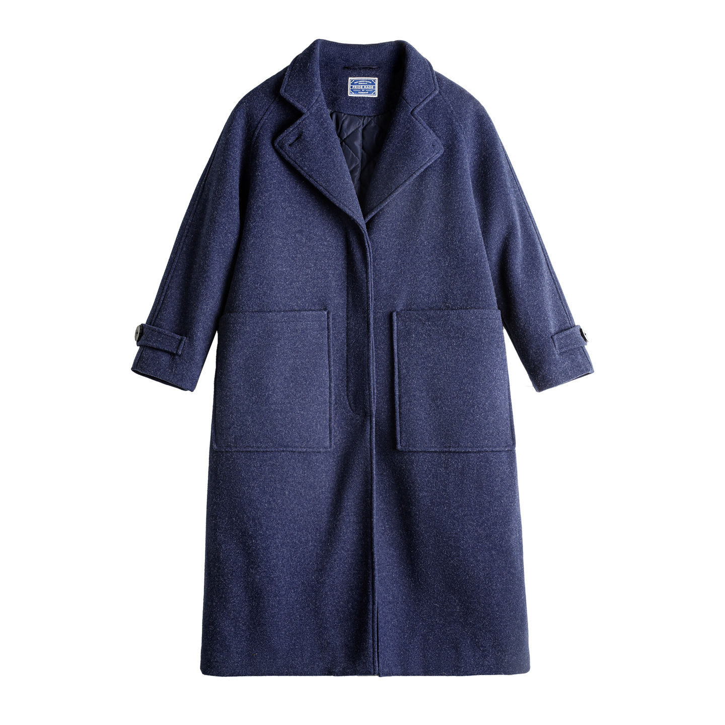 藍色單排扣翻領中長款收腰加厚保暖毛呢呢子大衣外套女士秋冬