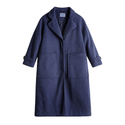 藍色單排扣翻領中長款收腰加厚保暖毛呢呢子大衣外套女士秋冬