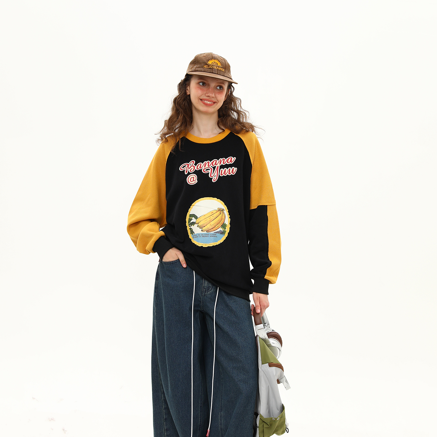 早秋新款美式復古拼接撞色學院風圓領長袖衛衣女寬鬆百搭