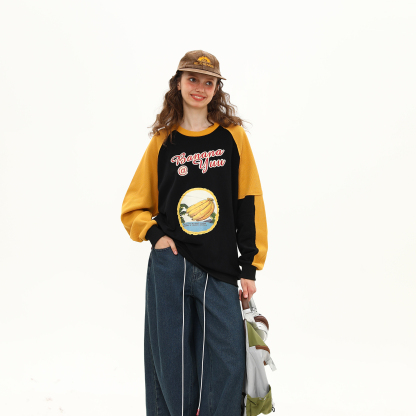 早秋新款美式復古拼接撞色學院風圓領長袖衛衣女寬鬆百搭