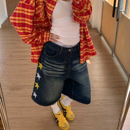 美式復古星星刺繡水洗牛仔七分褲女夏季寬鬆百搭短褲子